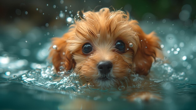 Funny brown maltipoo puppy dog swims in a summer pool