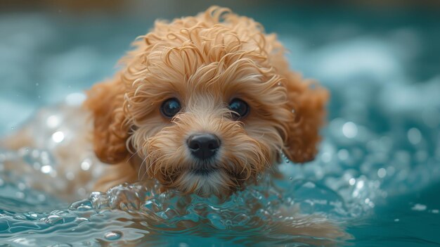 Funny brown maltipoo puppy dog swims in a summer pool