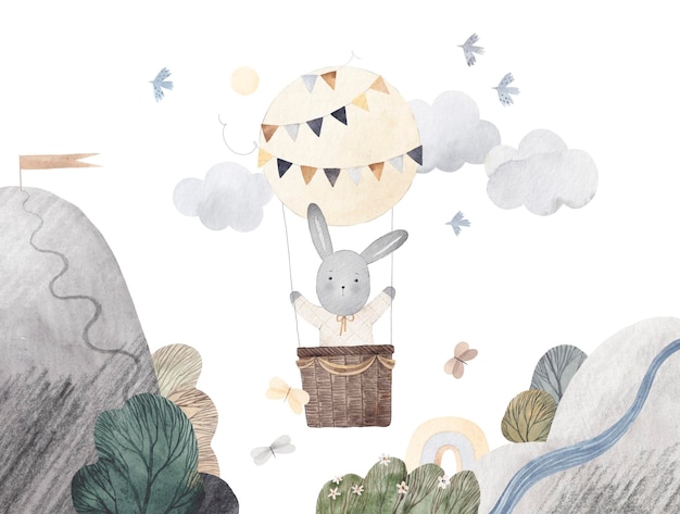 Funny bunny flies on balloons among mountains clouds butterflies Watercolor illustration