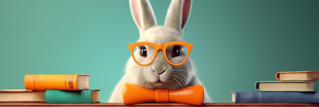 Funny bunny in glasses Concept banner on the theme of education with books