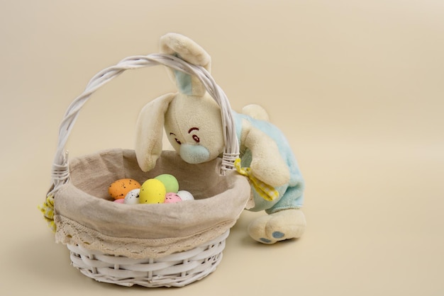 Funny bunny peeks into a basket with easter eggs on a beige background