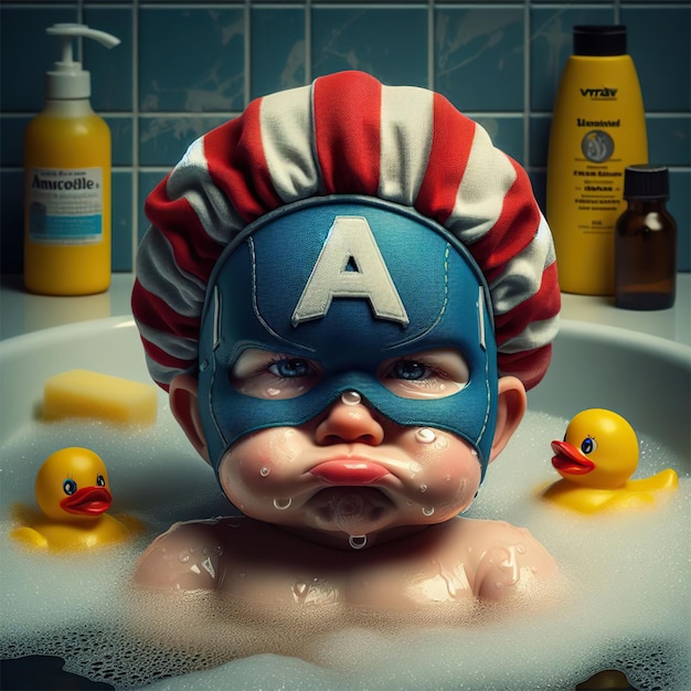 Funny caricature of Captain America soapy in the bathtub