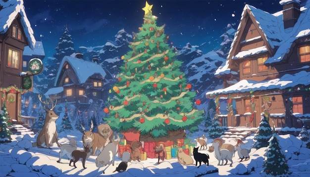 FUNNY CARTOON ANIMALS ARE TOGETHER ON CHRISTMAS DAY IN THE MIDDLE OF A CHRISTMAS TREE