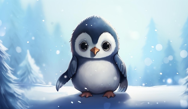 Funny cartoon of baby penguin in the snow AI generated