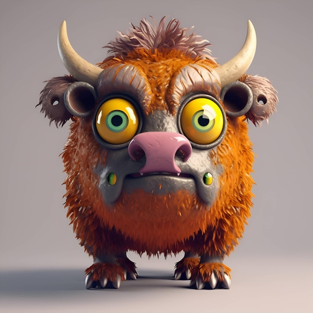 Funny cartoon buffalo with big eyes 3D illustration Isolated on gray background