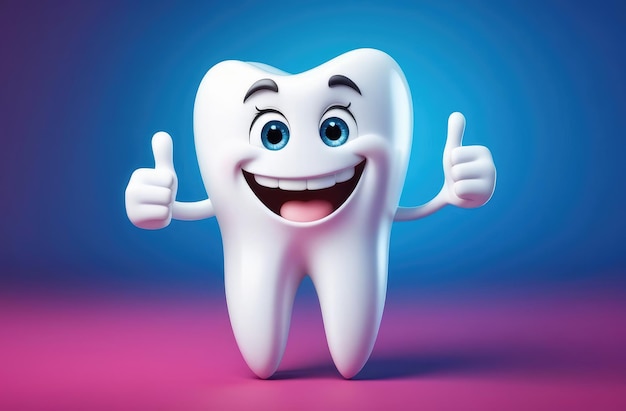 건강한 치아의 재미있는 만화 캐릭터는 엄지손가락을 나타니다. 소아 치과 스토마톨로지