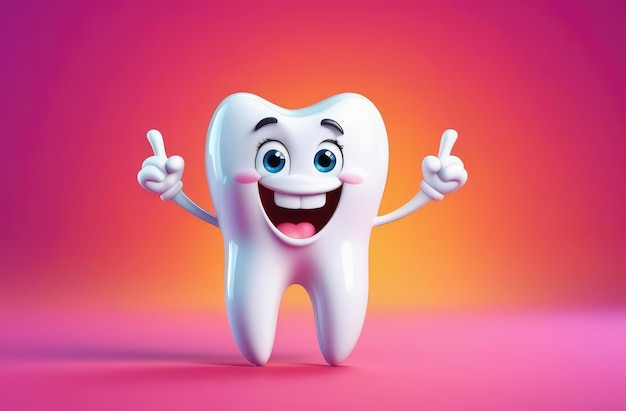 funny cartoon character of white tooth pointing with his fingers pediatric dentistry stomatology