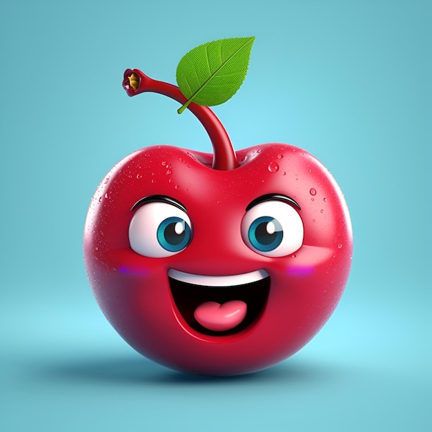 Funny cartoon cherry character Illustration of a cute cartoon sweet cherry with a smiling emotion isolated on light blue background Generative AI