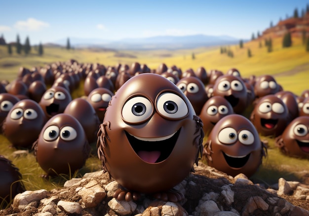 Funny cartoon of chocolate eggs running in the field Easter time AI generated