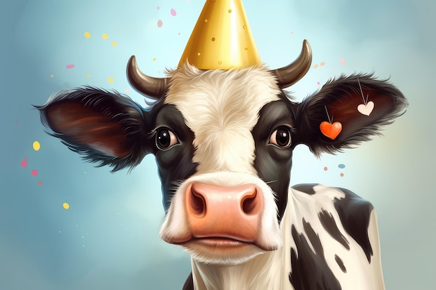 Photo funny cartoon cow wearing party hat and sticks out tongue