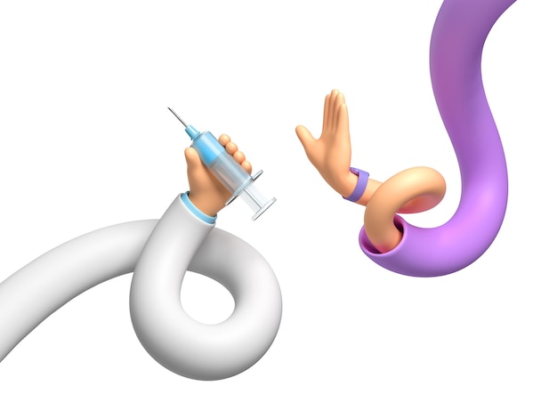 Funny cartoon doctor flexible hand with a syringe and human\
refuses to be vaccinated 3d render