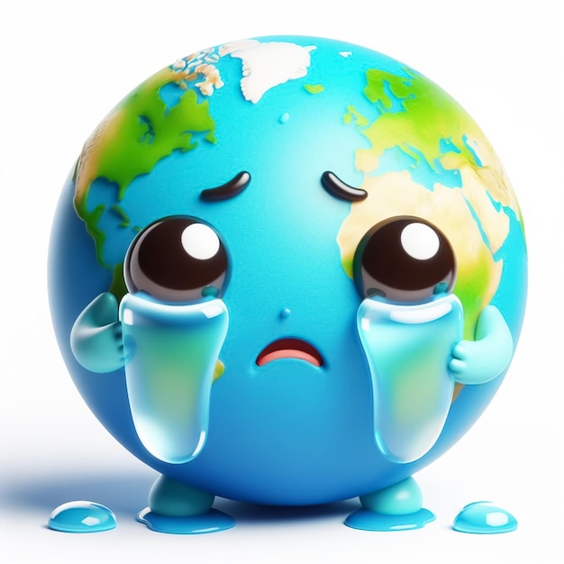 Photo funny cartoon of earth globe crying due to climate change ai generated