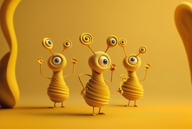 Photo funny cartoon figures spiral clap their hands on a yellow backdrop