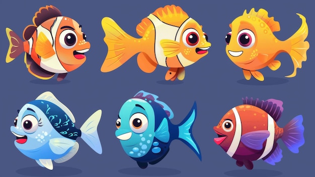 Photo funny cartoon fish with fins and lips modern illustration set of funny sea and ocean animals aquarium and marine life habitats