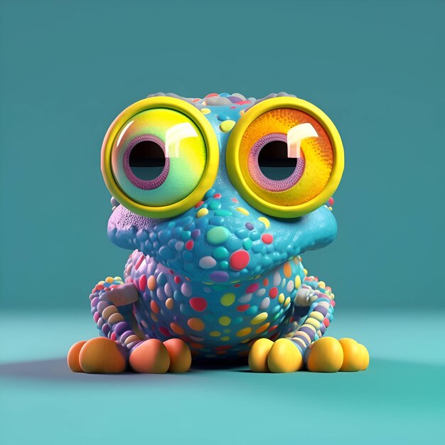 Funny cartoon frog with big eyes 3d render Isolated on blue background