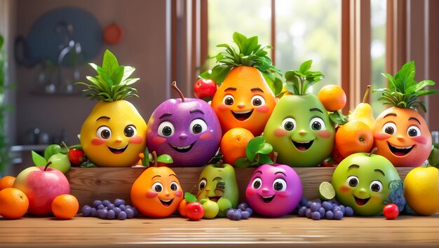 Funny cartoon happy fruits in the kitchen