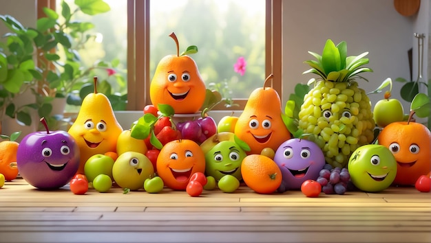 Funny cartoon happy fruits in the kitchen