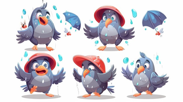 Photo funny cartoon illustration of a pigeon in a red hat trying to catch flies angry with the rain happy and afraid of swimming