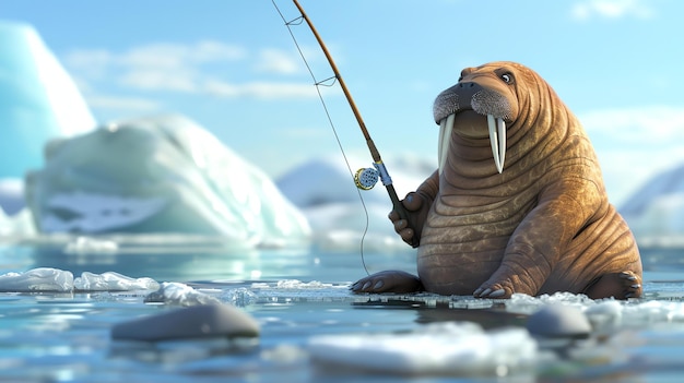 A funny cartoon illustration of a walrus sitting on an ice floe and fishing The walrus is wearing a hat and holding a fishing rod