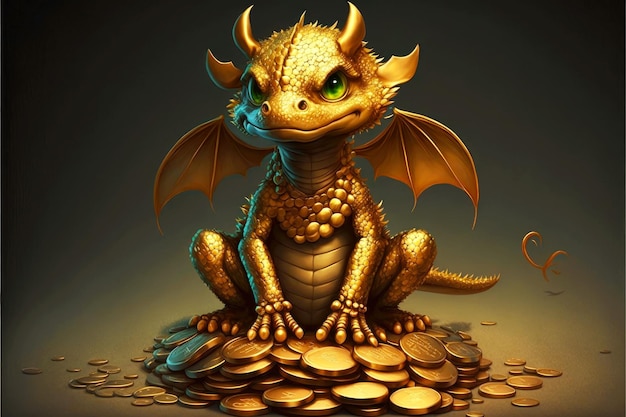 Funny cartoon image of cute little dragon sitting on pile of gold generative ai