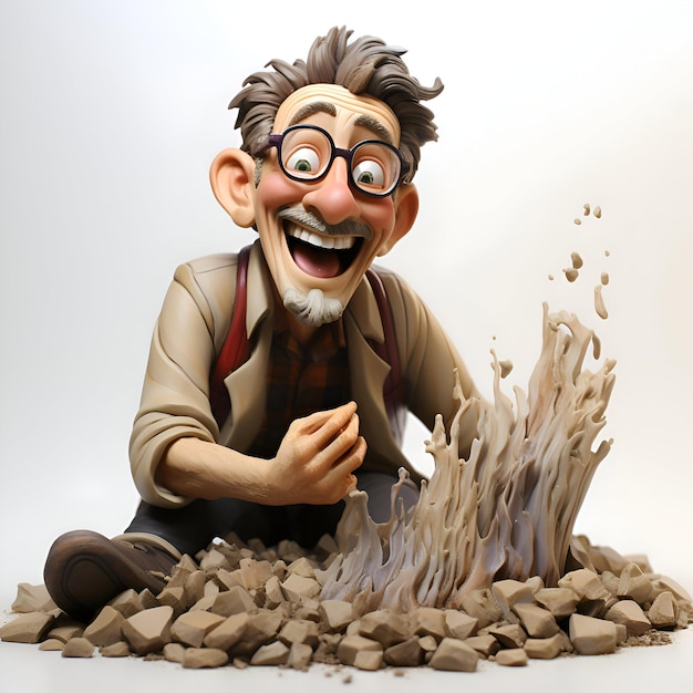 Funny cartoon man with a big smile sitting on a pile of stones