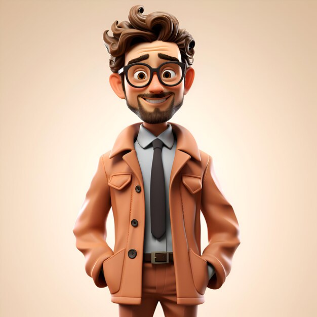 Funny cartoon man with brown jacket and glasses 3d rendering