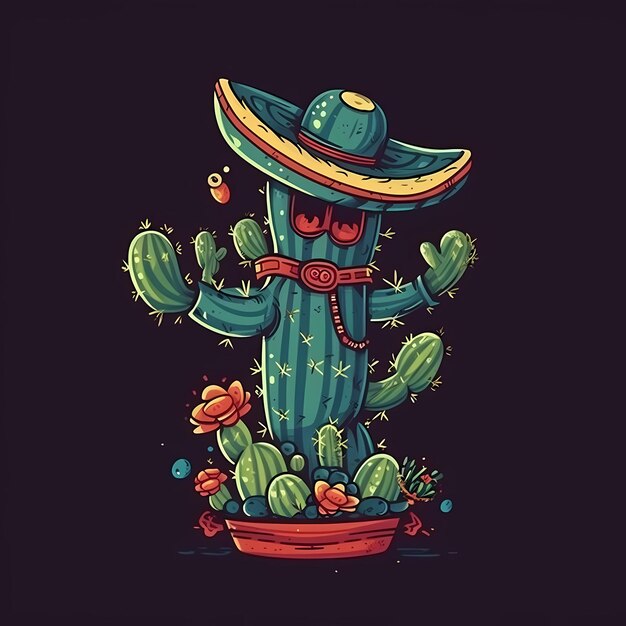 Funny cartoon mexican cactus in sombrero dancing dab and playing on guitar