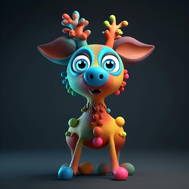 Funny cartoon monster with antlers 3d render illustration