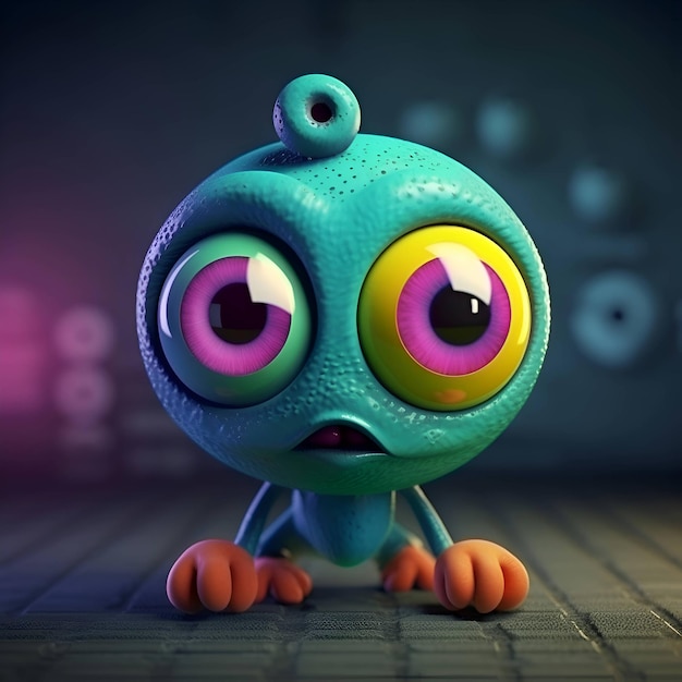 Funny cartoon monster with big eyes 3d render illustration