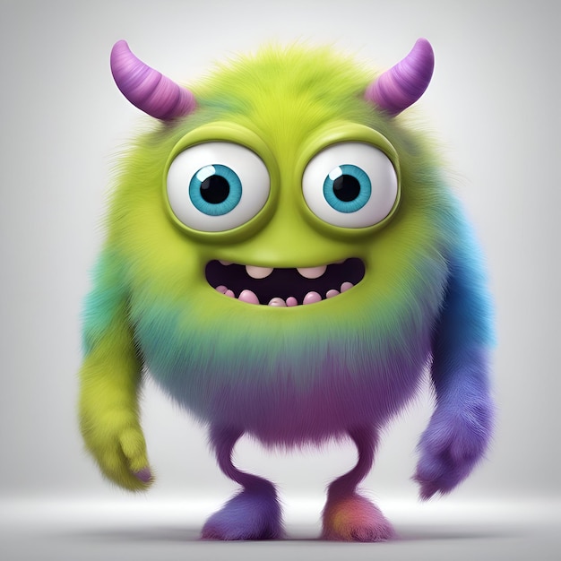 Funny cartoon monster with big eyes and horns 3d rendering