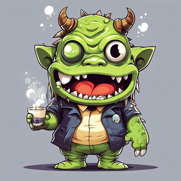 Funny cartoon monster with a cup of coffee illustration