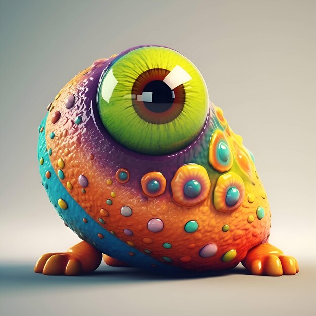 Funny cartoon monster with green eyes 3d render illustration