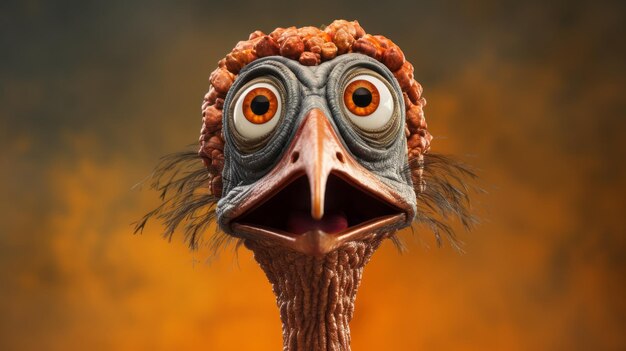 Photo funny cartoon ostrich with orange nose and eyes