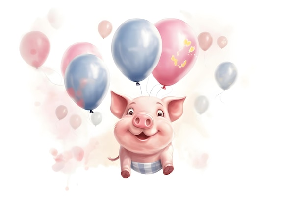 Funny cartoon party pig with air balloons isolated over white background Colorful joyful greeting c