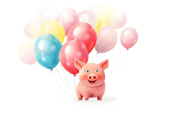Funny cartoon party pig with air balloons isolated over white background Colorful joyful greeting c