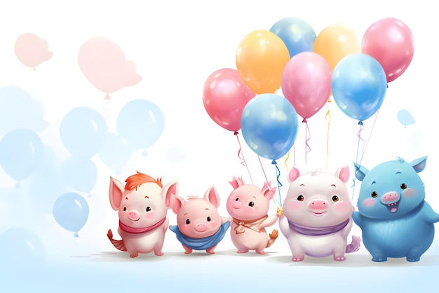 Funny cartoon party pig with air balloons isolated over white background Colorful joyful greeting c