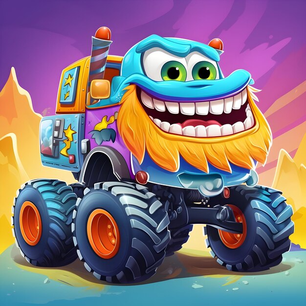 Funny cartoon racing monster truck with powerful engine