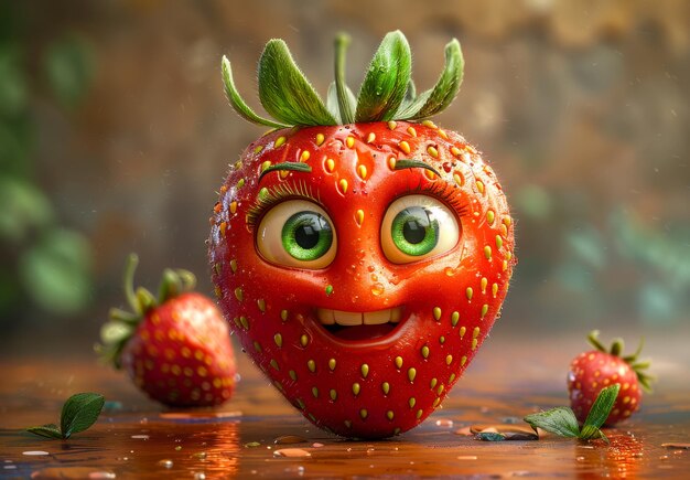 funny cartoon red strawberry with green eyes and a big smile