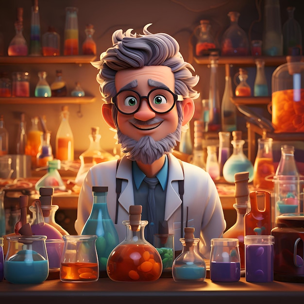 Funny cartoon scientist in a laboratory 3d rendering Toned image