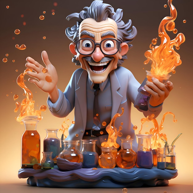 Funny cartoon scientist with chemical flasks and flasks 3d illustration