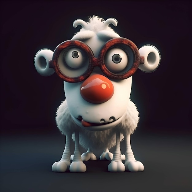 Funny cartoon sheep with red nose and glasses 3d illustration