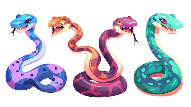 Funny cartoon snake character modern Pythons cobras and vipers isolated ...