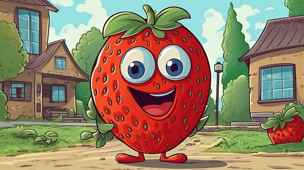 Funny cartoon strawberry character in a garden fantasy concept illustration painting
