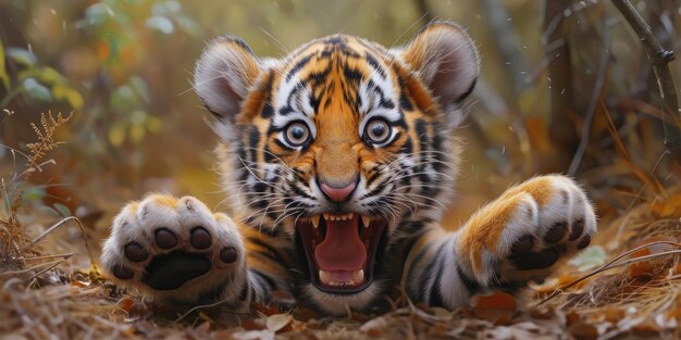 Photo funny cartoon tiger cub roaring with mouth wide open