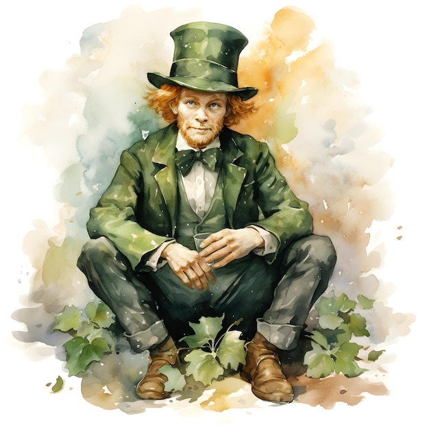 Funny cartoon watercolor leprechaun in green hat