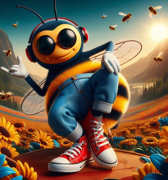 Funny cartoonish cool bees wear blue jeans urban vintage snikers at work pollinizing blooming flower