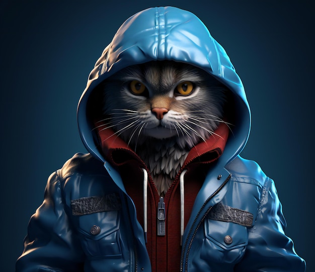 Funny cat in a blue jacket with a hood