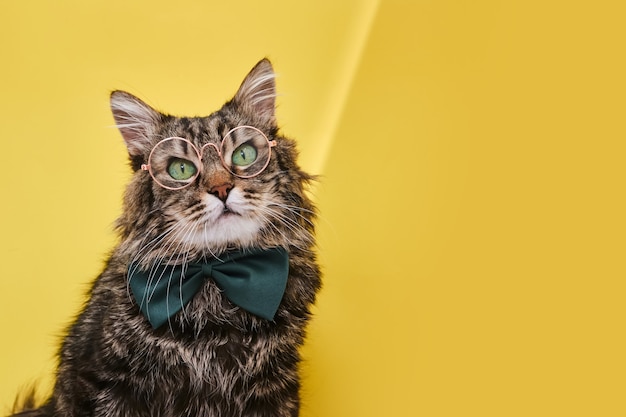 Funny cat in bow tie sitting on yellow surface