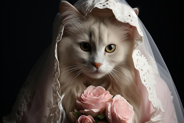 Foto sposa gatto divertente con velo bianco e vestito