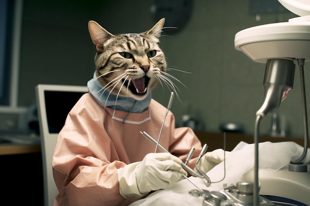 Funny cat dentist checking teeth during dental procedure at dentist's office Dentist animal concept AI generated